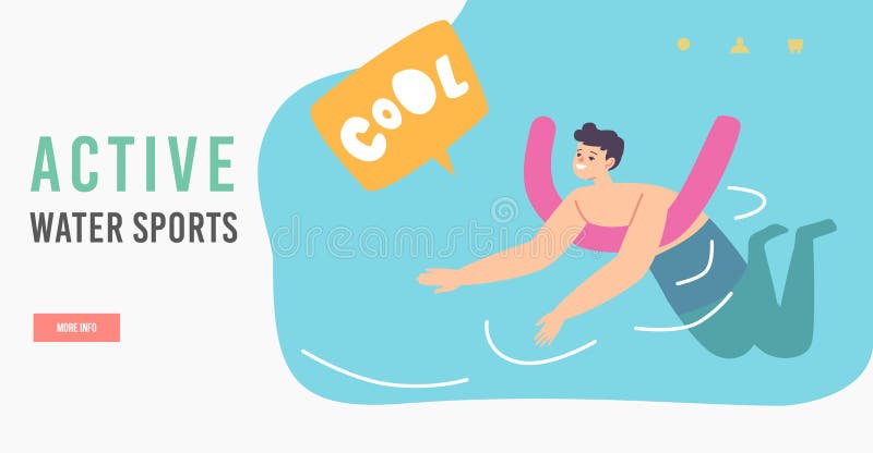 Summer Recreation in Ocean or Lesson Landing Page Template. Little Boy Learning to Swim Floating on Bar in Swimming Pool