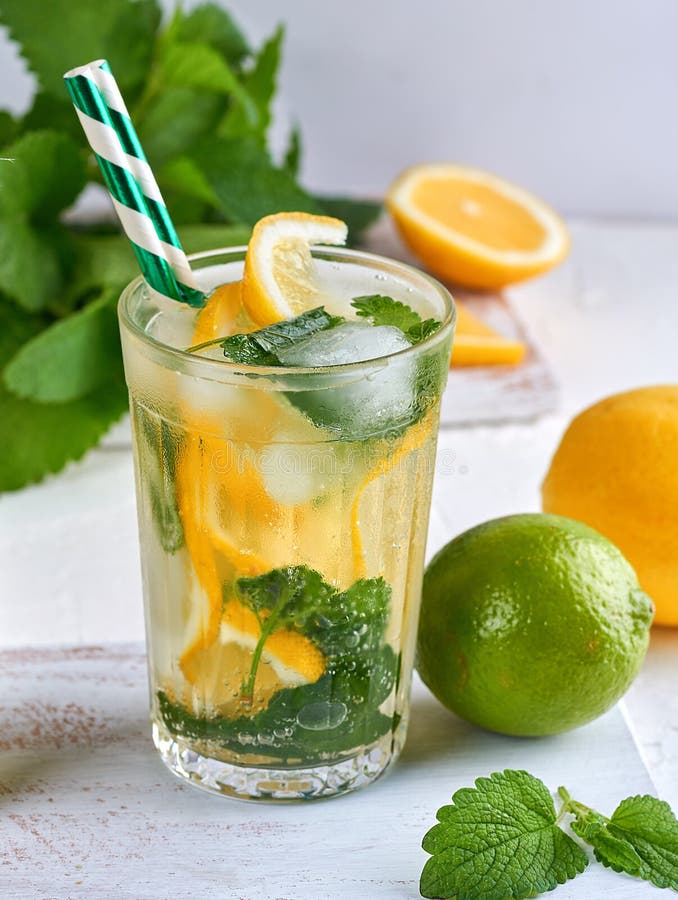 Summer Refreshing Drink Lemonade with Lemons, Mint Leaves, Lime in a ...