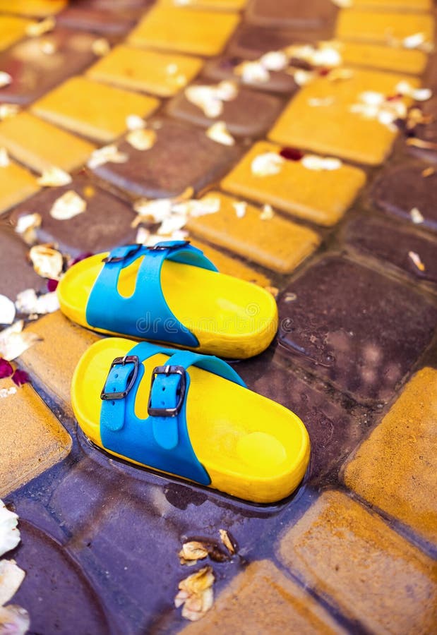 Summer Rubber Slippers that the Child Left. Stock Photo - Image of rose ...