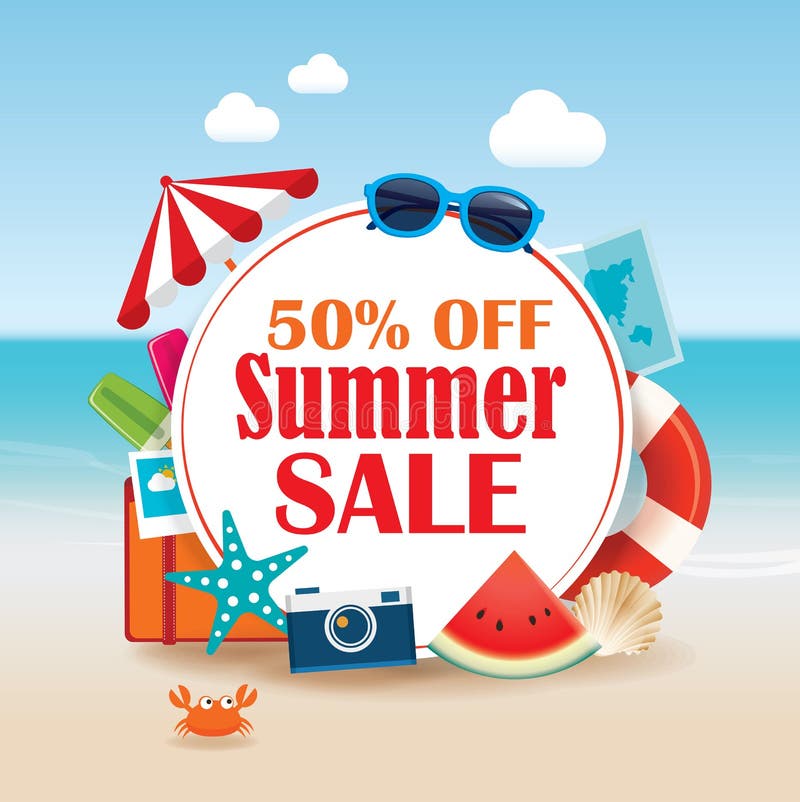 Summer sale background banner design template with colorful beach and object vacation elements. royalty free illustration Summer sale background banner design template with colorful beach and object vacation elements. royalty free illustration
