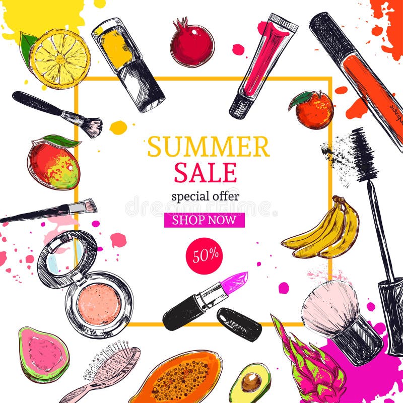 Summer sale banner. Cosmetics and beauty background with make up artist objects: lipstick, cream, brush.