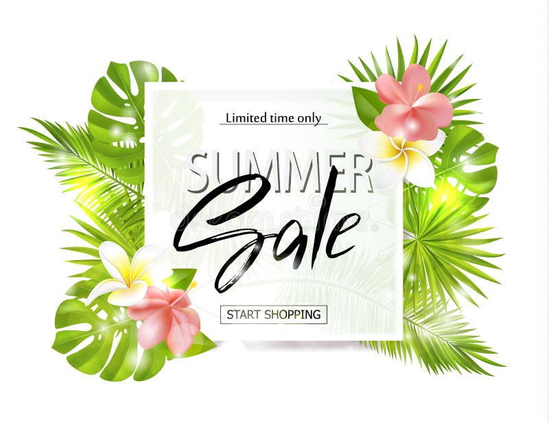 Summer sale banner, poster with palm leaves, jungle leaf, tropical flowers and handwriting lettering. Vector