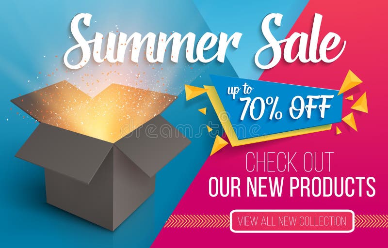 Summer Sale Banner. Vector Open Box with Light royalty free illustration