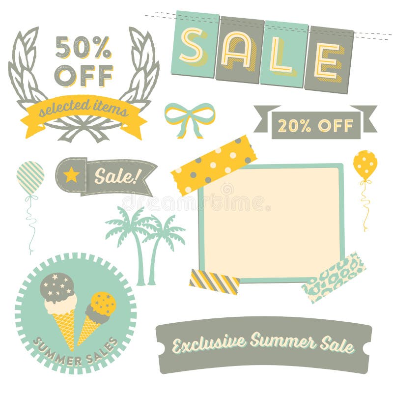 Summer Sale Clipart. Modern design elements promoting a Summer sale with badges, decorative elements and icons royalty free illustration Summer Sale Clipart. Modern design elements promoting a Summer sale with badges, decorative elements and icons royalty free illustration