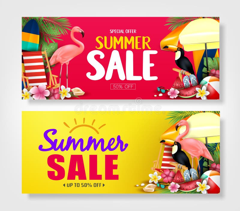Summer Sale Red and Yellow Banners with Realistic Pink Flamingo, Black Toucan, Tropical Leaves royalty free illustration Summer Sale Red and Yellow Banners with Realistic Pink Flamingo, Black Toucan, Tropical Leaves royalty free illustration