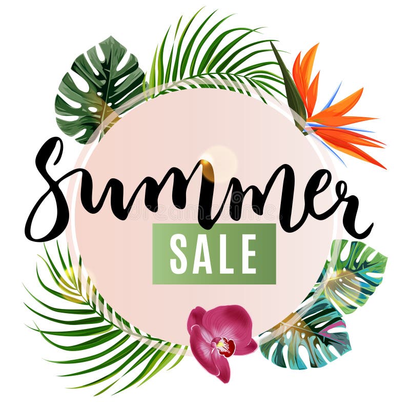 Summer sale store design poster. Realistic palm leaves and orchid with circle and handwritten text.