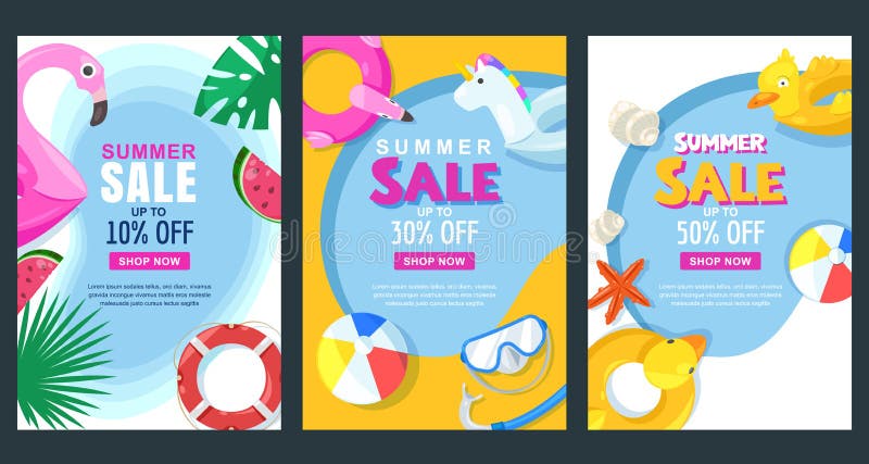 Summer sale vertical banner or poster set. Vector illustration of pool with float rubber toys. Holiday background royalty free illustration Summer sale vertical banner or poster set. Vector illustration of pool with float rubber toys. Holiday background royalty free illustration