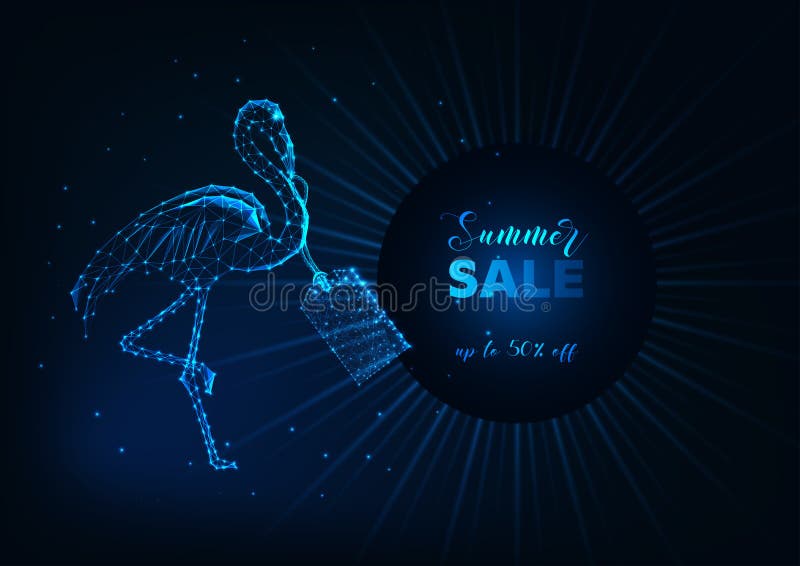 Summer Sale web banner with futuristic glow low poly flamingo bird, price tag and text on dark blue vector illustration Summer Sale web banner with futuristic glow low poly flamingo bird, price tag and text on dark blue vector illustration