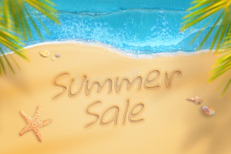 Summer sale written on beach. Summer time travel and relax. Summer discount concept.