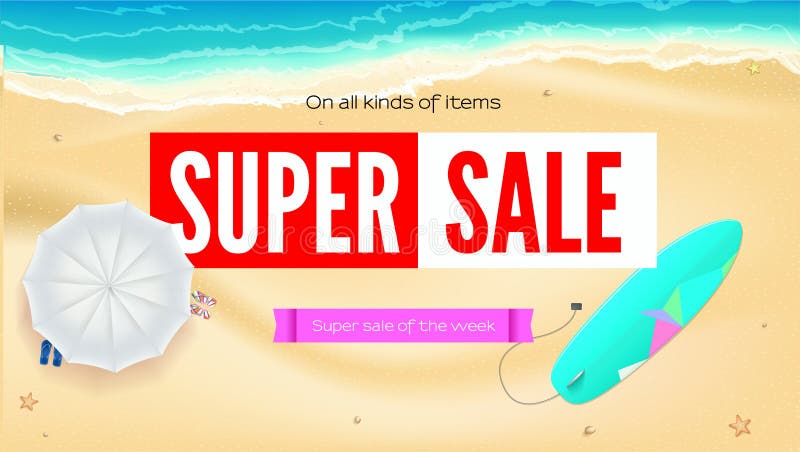 Summer sand of beach on the seashore. Selling ad banner. Summer super vacation discounts. Umbrella, beach Mat and vector illustration Summer sand of beach on the seashore. Selling ad banner. Summer super vacation discounts. Umbrella, beach Mat and vector illustration