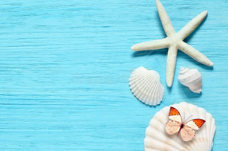 Summer sea background - shells, star on a wooden blue background stock photo Summer sea background - shells, star on a wooden blue background stock photo