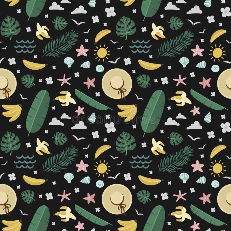 Summer Seamless Pattern, Bananas and Palm Trees, Hat and Mollusks