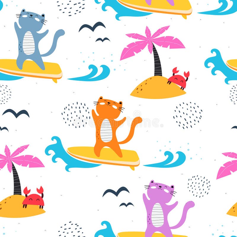 summer seamless pattern with cartoon cats, trees, crabs, decor elements. colorful vector for kids, flat style. hand drawing. anim vector illustration
