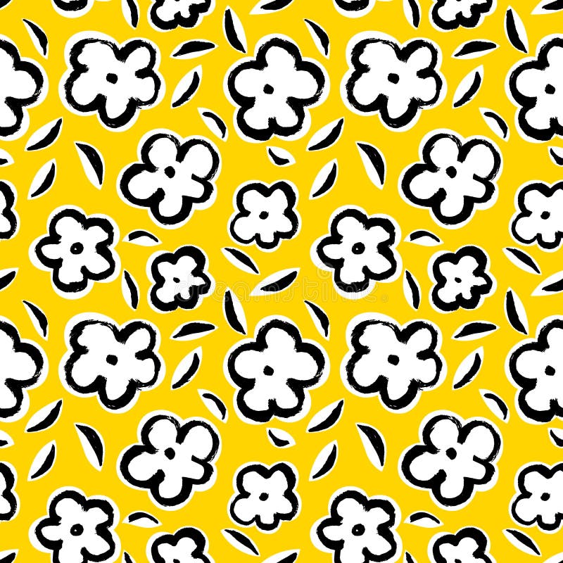 Summer seamless pattern with leaves and flowers in sketchy style