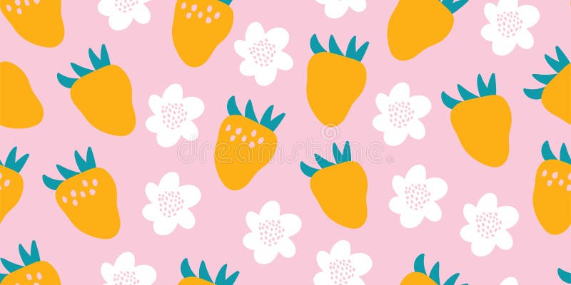 Summer seamless pattern with strawberries, flowers