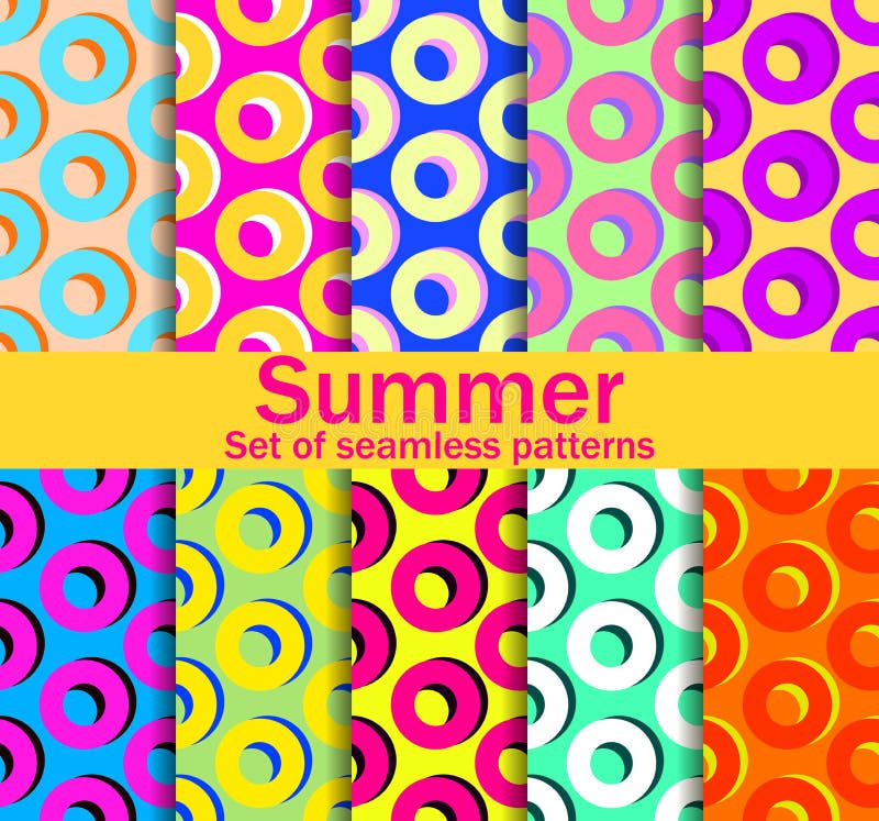 Summer seamless patterns with circles and bright colors. A collection of ten backgrounds. Vector