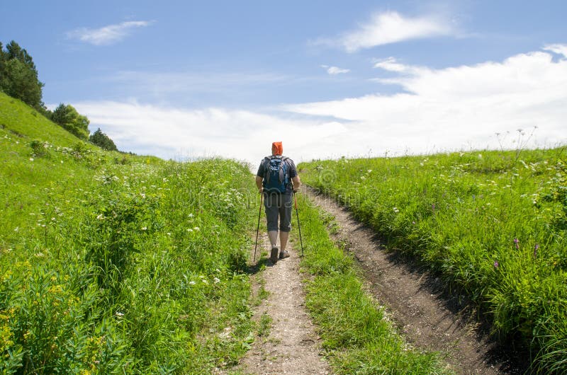 Summer sport - nordic walking. Man hiking on green Sunny mountain meadow. Active man outdoors. Beautiful healthy summer fitness stock photo Summer sport - nordic walking. Man hiking on green Sunny mountain meadow. Active man outdoors. Beautiful healthy summer fitness stock photo