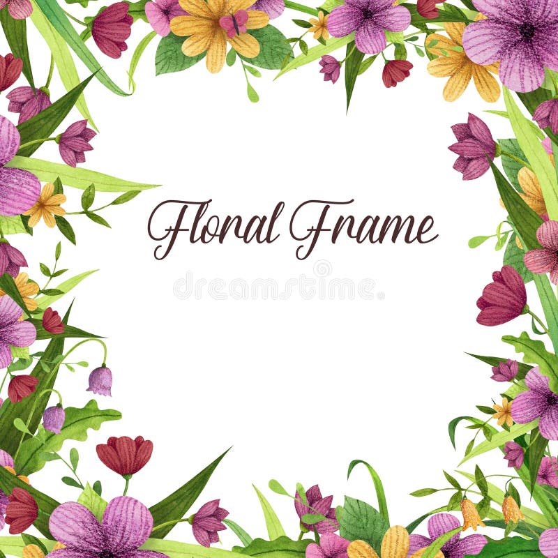 Summer, spring, easter, birthday, wedding square frame with flowers, leaves and branches.