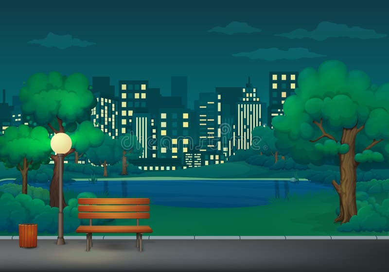 Summer, spring night park vector illustration. Bench, trash bin and street lamp on a park trail with lake and cityscape