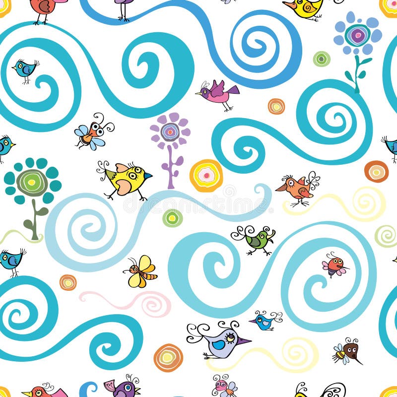 Summer and spring pattern with birds and bees vector illustration Summer and spring pattern with birds and bees vector illustration