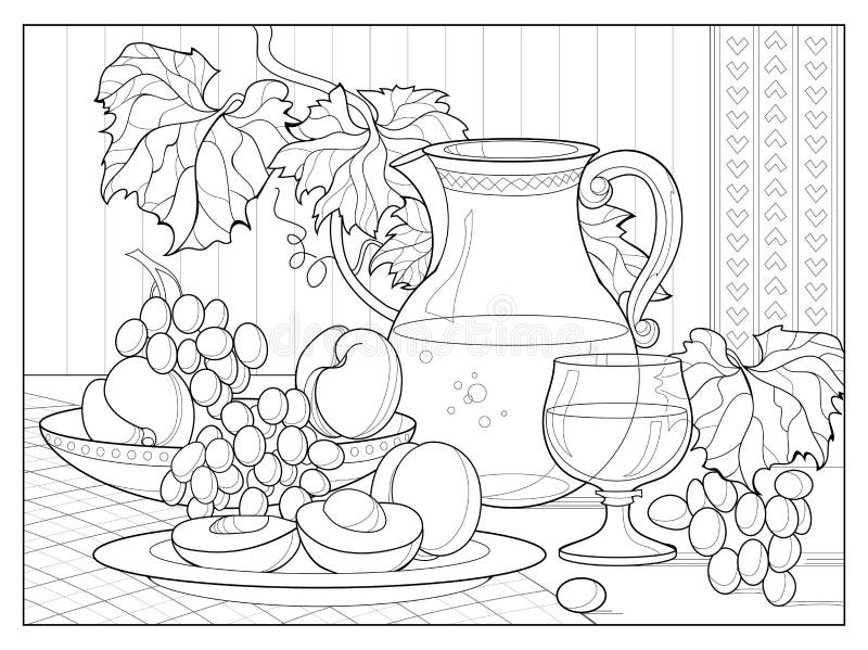 Summer still life with grapes and peaches. Coloring book for children and adults. Image in zentangle style. Printable page for