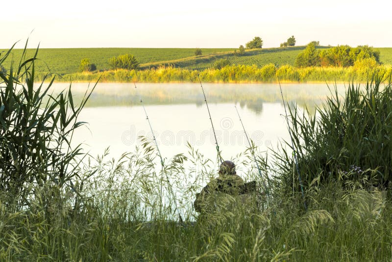 Summer sunny landscape. Morning, dawn on the lake. A fisherman s stock image Summer sunny landscape. Morning, dawn on the lake. A fisherman s stock image