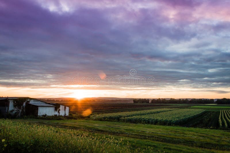 Summer sunset over humble farm and shack during peak harvest stock photos Summer sunset over humble farm and shack during peak harvest stock photos
