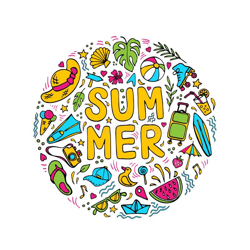 Summer Symbols Doodle Clipart. Round Composition on Vacation Theme with ...