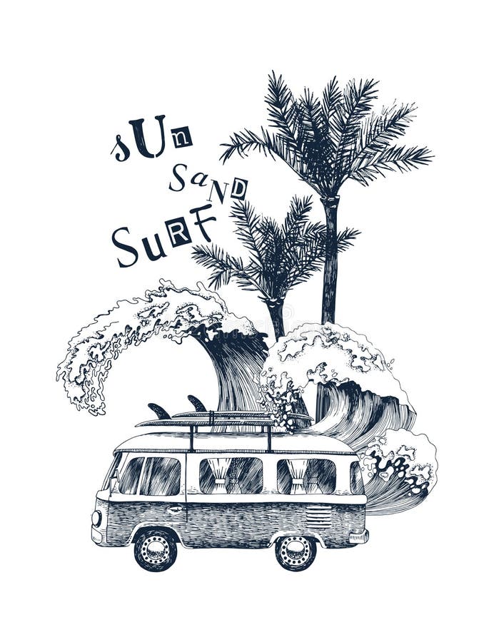 Summer time background with retro bus, palms and sea waves. Vector illustration in vintage style. Sun, sand, surf type design