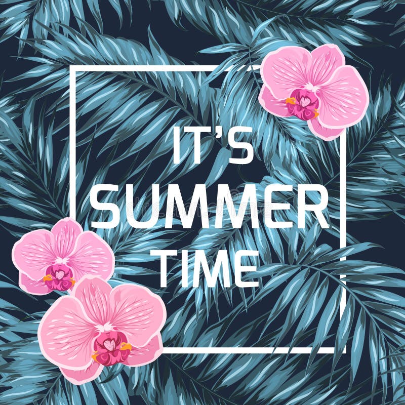 Summer time banner orchid palm leaves blue black vector illustration Summer time banner orchid palm leaves blue black vector illustration