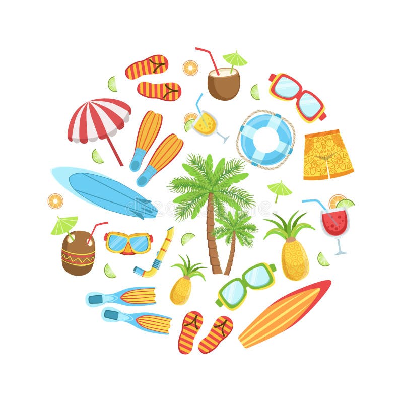 Summer time vector template design. It's summer time text in circle shape  space template with floating tropical season objects for holiday season  messages. Vector illustration. Stock Vector