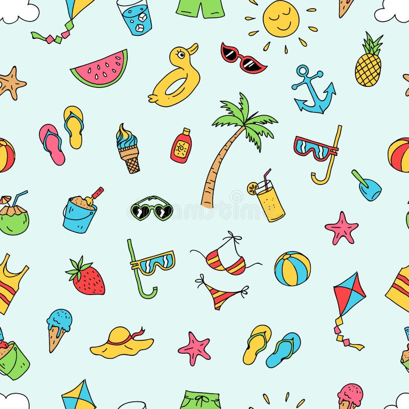 Summer Time Beach Holiday Seamless Pattern. Ready To Print Hand Drawing Cartoon Style Design for Paper, Fabric Production. Stock Illustration - Illustration of palm, bikini: 119932128 Summer Time Beach Holiday Seamless Pattern. Ready To Print Hand Drawing Cartoon Style Design for Paper, Fabric Production. Stock Illustration - Illustration of palm, bikini: 119932128