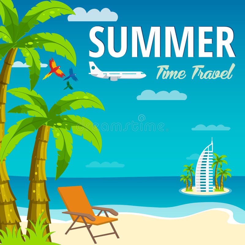 Summer Time in Beach Sea Shore. Time travel. Lounge chair. Dubai. Vector Illustration. vector illustration Summer Time in Beach Sea Shore. Time travel. Lounge chair. Dubai. Vector Illustration. vector illustration