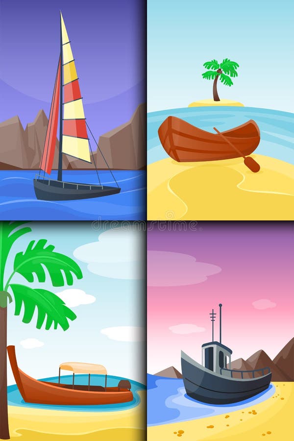 Summer time boat vacation beautiful nature tropical beach landscape of paradise island holidays background coastline lagoon vector illustration. Summer time boat vacation beautiful nature tropical beach landscape of paradise island holidays background coastline lagoon vector illustration.