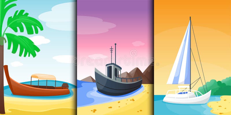 Summer time boat vacation beautiful nature tropical beach landscape of paradise island holidays background coastline lagoon vector illustration. Summer time boat vacation beautiful nature tropical beach landscape of paradise island holidays background coastline lagoon vector illustration.