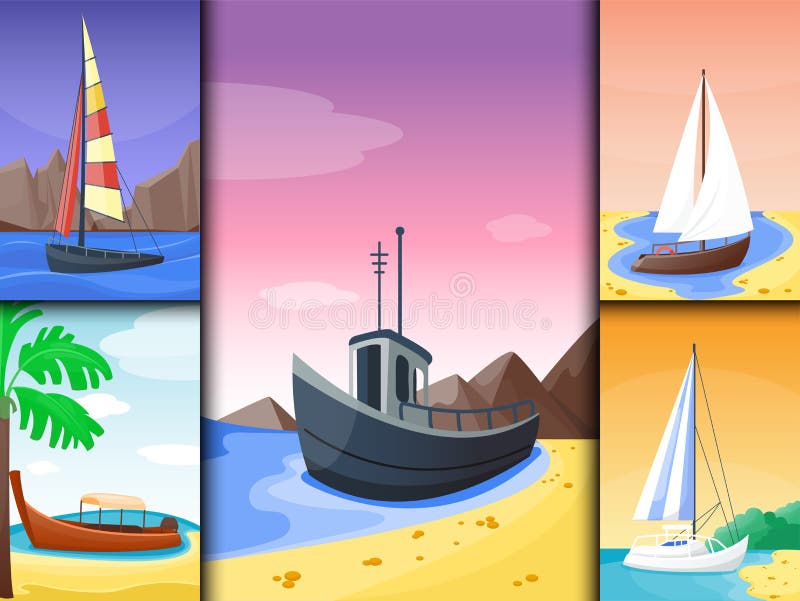 Summer time boat vacation beautiful nature tropical beach landscape of paradise island holidays background coastline lagoon vector illustration. Summer time boat vacation beautiful nature tropical beach landscape of paradise island holidays background coastline lagoon vector illustration.