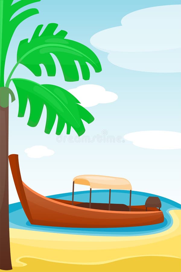 Summer time boat vacation beautiful nature tropical beach landscape of paradise island holidays background coastline lagoon vector illustration. Summer time boat vacation beautiful nature tropical beach landscape of paradise island holidays background coastline lagoon vector illustration.