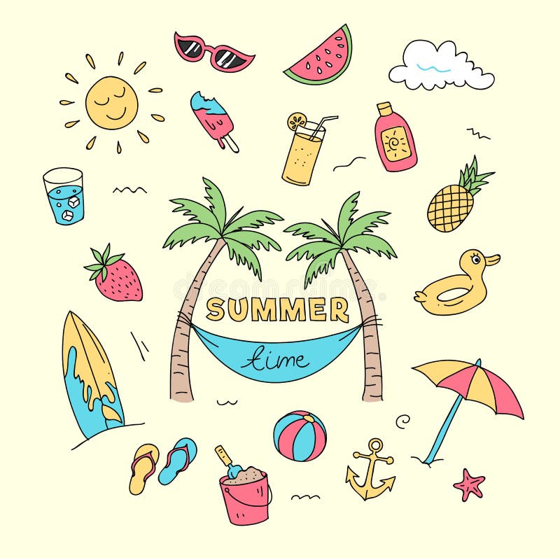 Summer Time Beach Holiday Seamless Pattern. Ready To Print Hand Drawing  Cartoon Style Design for Paper, Fabric Production. Stock Illustration -  Illustration of palm, bikini: 119932128