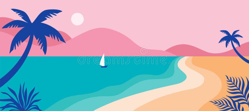 Summer Time Fun Concept Design. Creative Background of Landscape, Panorama  of Sea and Beach on Air Balloon Stock Vector - Illustration of ocean,  flamingo: 217652038