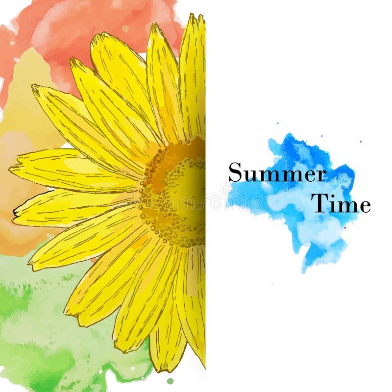 Summer time greeting card, watercolor sunflower