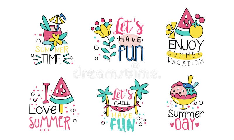 Summer Time Logo Design Templates Collection Lets Have Fun Enjoy Summer Vacation Cute Colorful Labels Vector Stock Vector Illustration Of Card Collection