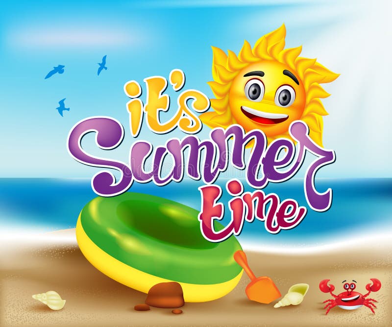 Summer time Sun Character In a Blue Ocean with a Crab Illustration stock illustration