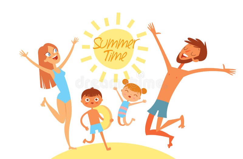 Summer time. Young family on vacation. Have fun jumping on sea beach stock illustration Summer time. Young family on vacation. Have fun jumping on sea beach stock illustration