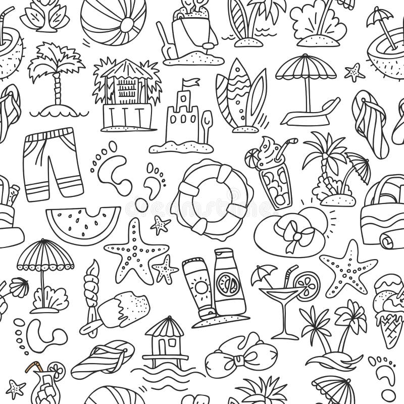 Summer, Travel and Beach Sketch Seamless Pattern in Black and White ...