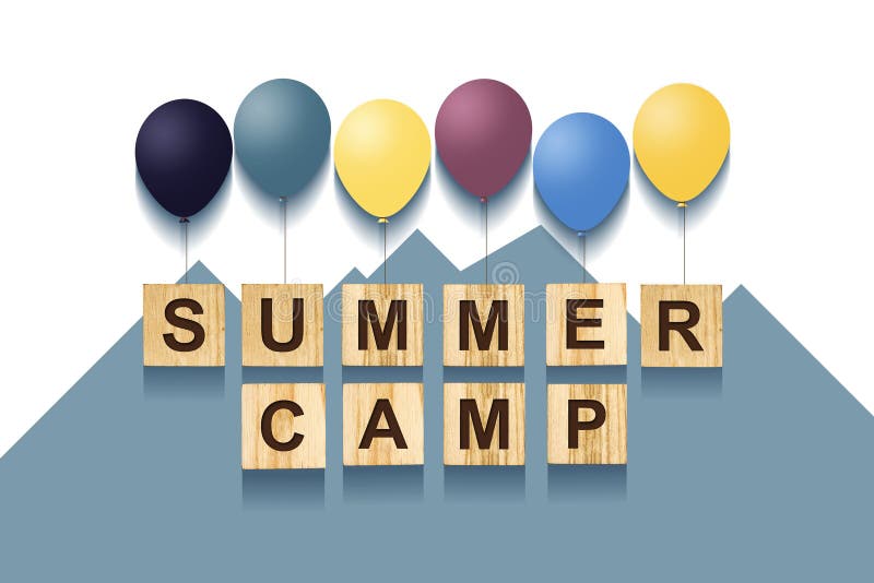Summer Travel. Concept with words on wooden cubes and inflatable balls. White background. stock illustration Summer Travel. Concept with words on wooden cubes and inflatable balls. White background. stock illustration