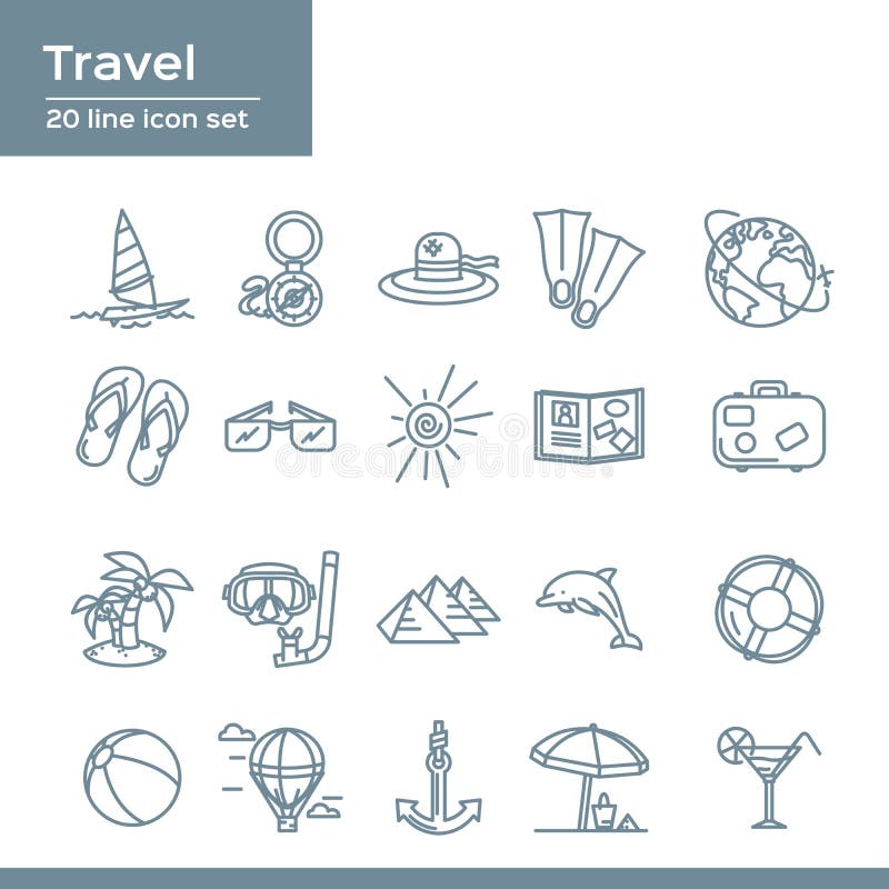 Summer travel 20 line icons set. Vector icon graphic for Beach Vacation: compass, sailboat, hat, flippers, earth, flip flops royalty free illustration Summer travel 20 line icons set. Vector icon graphic for Beach Vacation: compass, sailboat, hat, flippers, earth, flip flops royalty free illustration