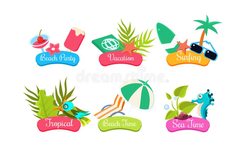 Summer travel logo template set, beach party, vacation, surfing, tropical, beach time, sea time bright labels vector