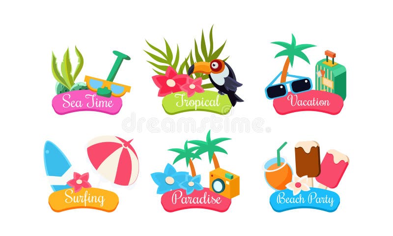 Summer travel logo template set, sea time, tropical, vacation, surfing, paradise, beach party bright labels vector