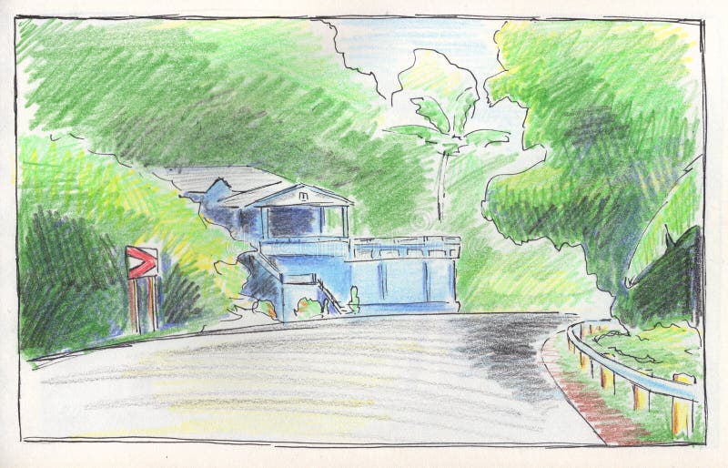 Summer travel road landscape pencil sketch. Blue house in green forest handdrawn illustration. Summer travel memories royalty free illustration Summer travel road landscape pencil sketch. Blue house in green forest handdrawn illustration. Summer travel memories royalty free illustration