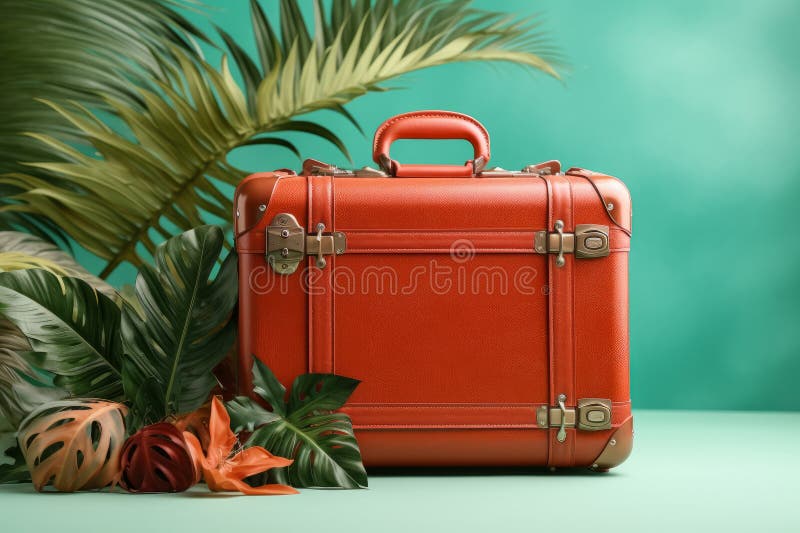 Summer Travel Suitcase with Tropical Green Leaves. Generative Ai Stock ...